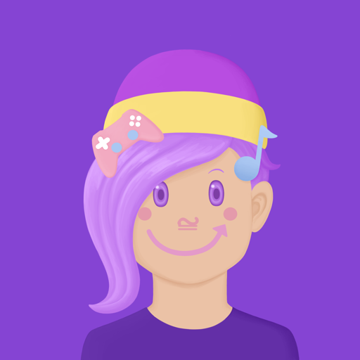 A cartoon image of a person with asymmetrical purple hair, wearing a game controller and a music note, with their nose and mouth stylized as a mathematical diagram of a groupoid.